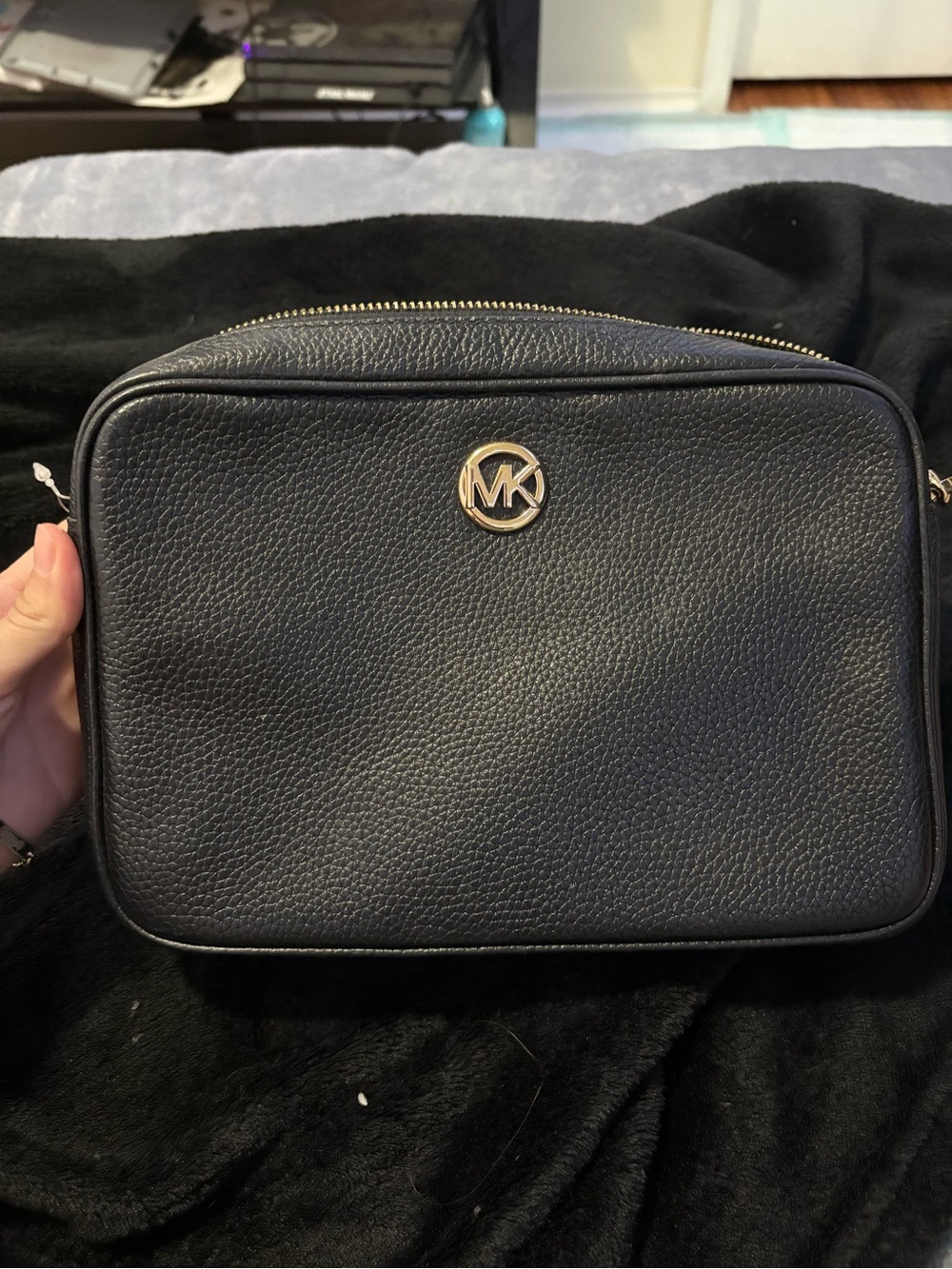 Michael Kors Black Pebbled Leather Crossbody with Gold MK Logo